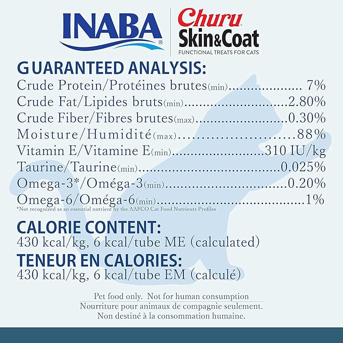 INABA Churu for Skin and Coat Lickable Purée Natural Cat Treats with Omega Oils, Taurine and Green Tea, 0.5 Ounces Each - Chicken Recipe (12 Tubes)
