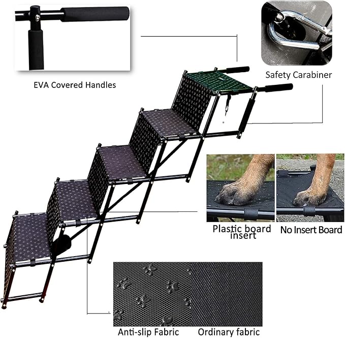 Upgraded Dog Stairs, Metal Frame Foldable Large Dog Step, Lightweight Portable Pet Ladder Ramp for Cars, SUVs and High Bed, 5 Steps