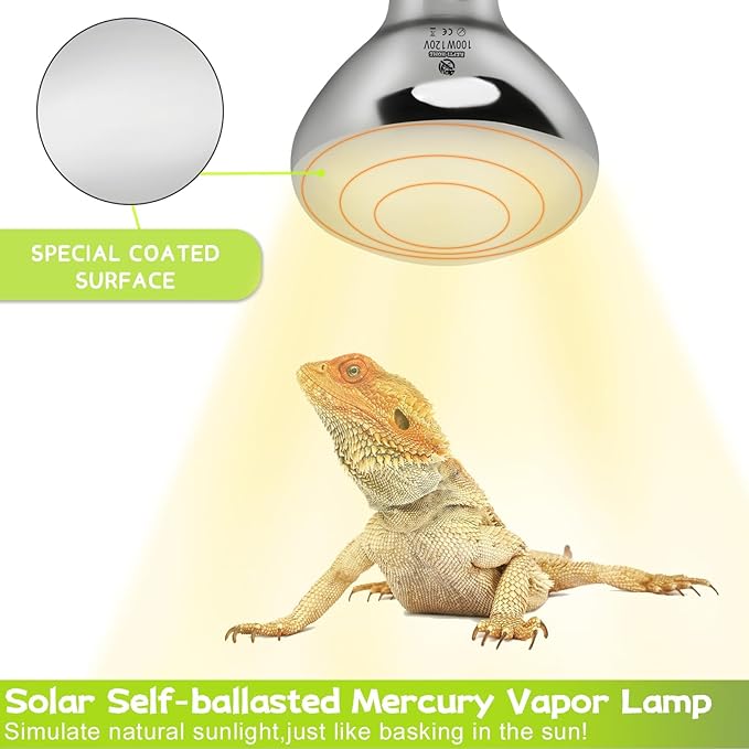 100W UVA UVB Vapor Reptile Heat Lamp, High Intensity Self-Ballasted UVB Basking Lamp Bulb,Full Spectrum Sun Light for Reptiles and Amphibians