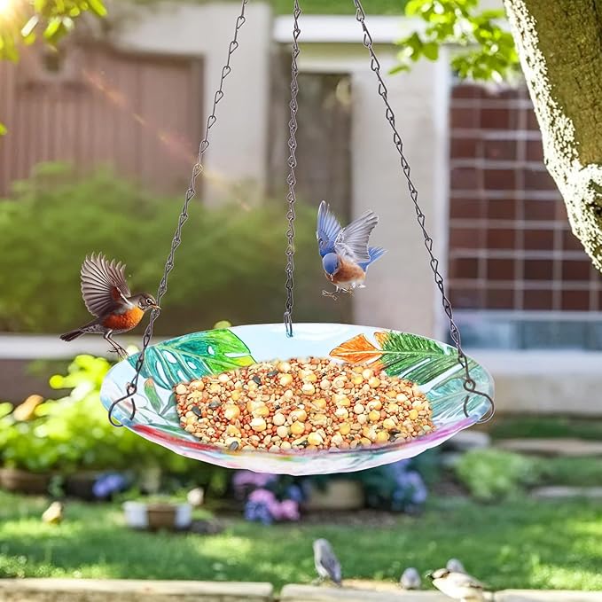 MUMTOP Hanging Bird Baths for Outdoors - Glass Bird Bath, 11 Inch Hanging Bird Bath Pink Flamingo Bird Feeder Bowl for Outside, Garden, Lawn Yard Decor