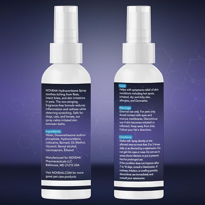 NOVEHA 1% Hydrocortisone Spray for Dogs, Cats, Horses – Hot Spot Treatment & Itch Relief for Pets – Advanced Formula Soothes Itch, Hot Spots, Dermatitis, Irritated Dry Itchy Skin & Allergies – 120mL