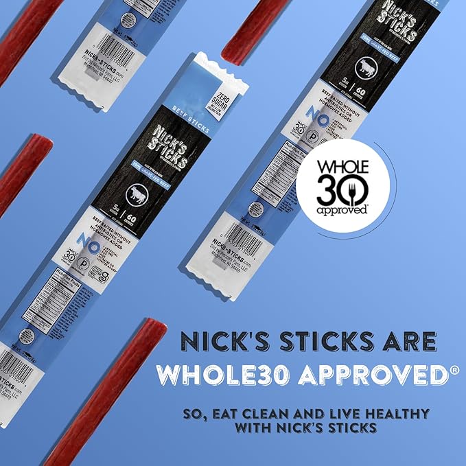Nick's Sticks Clean & Balanced 100% Grass-Fed Beef Snack Sticks | Made in the USA | Gluten Free | Paleo, Keto, Whole30 Approved | No Soy, Antibiotics or Hormones (12 – .9 oz. Packages of 1 Stick)