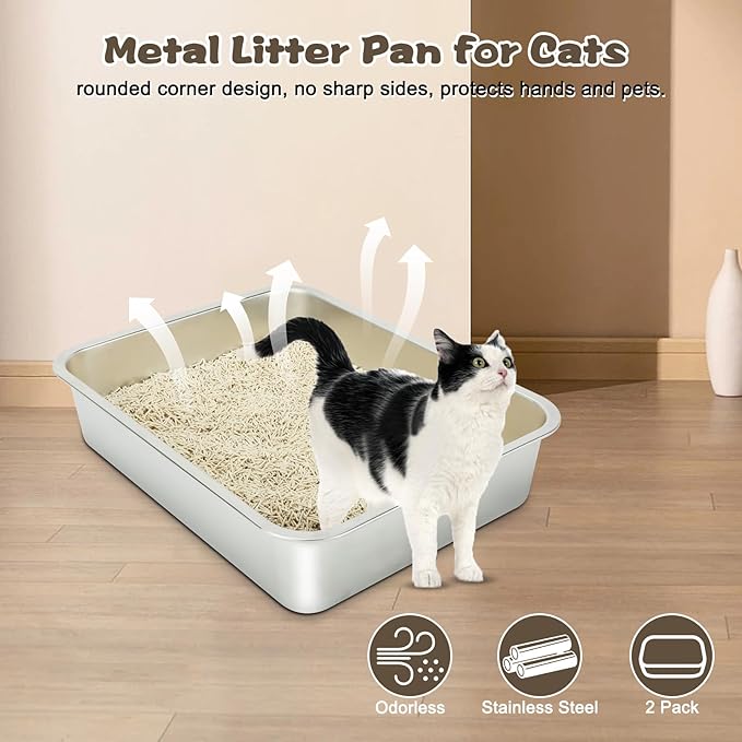 Rypet 2 Packs Stainless Steel Litter Box Metal Litter Box for Cats High Back Litter Boxes Non-Stick Cat Poop Box๏ผEasy to Clean(17.7"*13.8"*3.9")