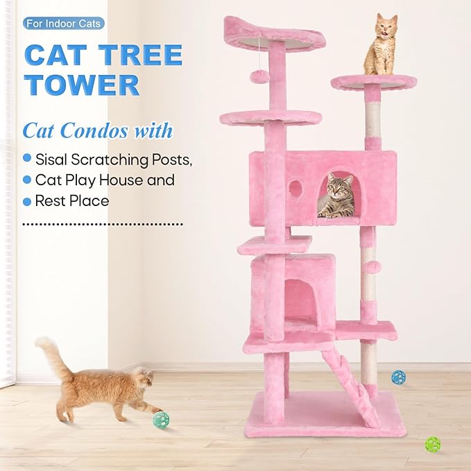 FDW Cat Tree 54in Cat Tower Multi-Level Durable Cat Scratching Post & Cozy Fun Cat Jumping Platform Space Saving Cat Condo Pet Play House for Indoor Cats,Pink