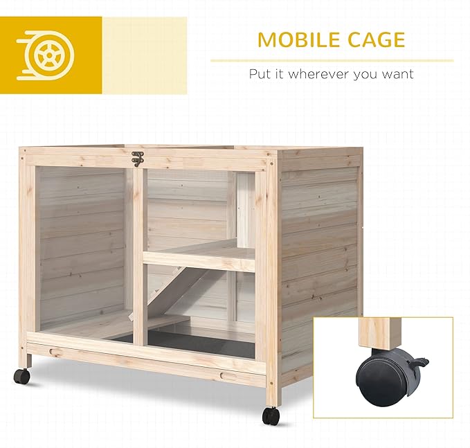 PawHut Rabbit Hutch with Wheels, Desk and Side Table Sized, Wooden Rabbit Cage, Waterproof Small Bunny Cage with Removable Tray, Openable Roof, for Indoor & Outdoor, Natural