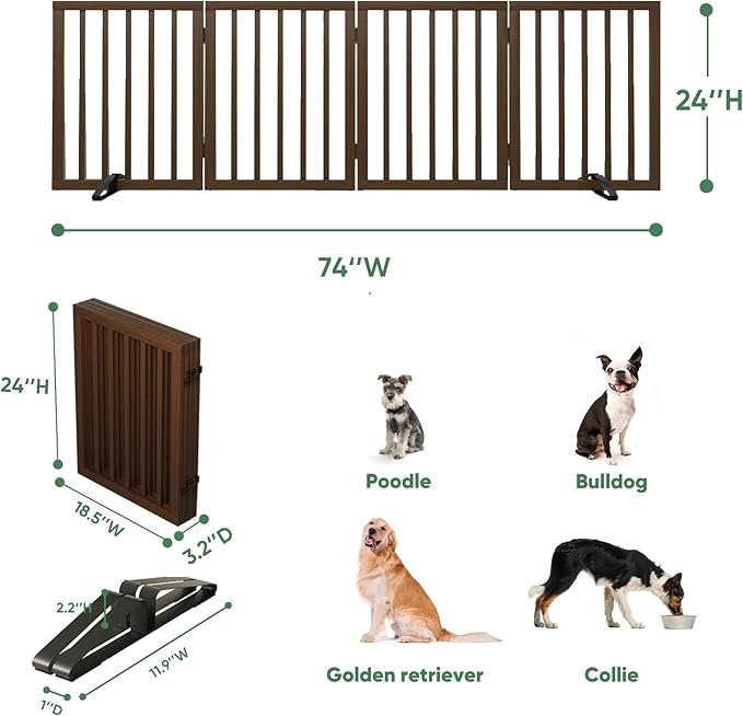 Dog Gates for Doorways, Freestanding Dog Gate Indoor, Foldable Pet Gates for Doorways Bedroom, Puppy Gate with Metal Support Feet, Room Divider 4 Panels (Dark Walnut)