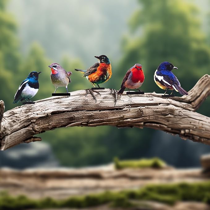 HUYIENO 5PCS Vivid Metal Birds Fence Decor Color Painted Outdoor Garden Natural Bird 2D Sculptures for Outdoor Fences, Patio, Garden and Bird Lovers