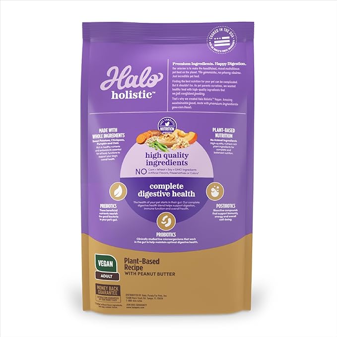 Halo Holistic Vegan Dog Food, Plant-Based Peanut Butter Recipe, Dry Dog Food, Complete Digestive Health, Kibble for Adult Dogs, 21 lb Bag
