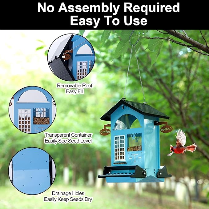 Bird Feeders for Outdoors Squirrel Proof Hanging Metal Bird House Feeder for Outside Anti Squirrels for Wild Birds Cardinal Finch Chickadee 5 LB Large Capatial Heavy Duty & Dualbe, SkyBlue