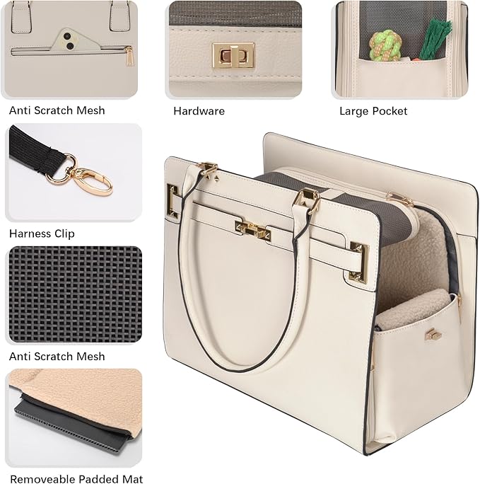 2-in-1 Stylish Dog Purse Carrier Soft-Sided Carriers Travel Tote Bag for Small Dogs Cats, Fashion Foldable Pet Bag for Puppies Small Animals with Pockets (White, 15" L x 7.5" W x 12.2" H)