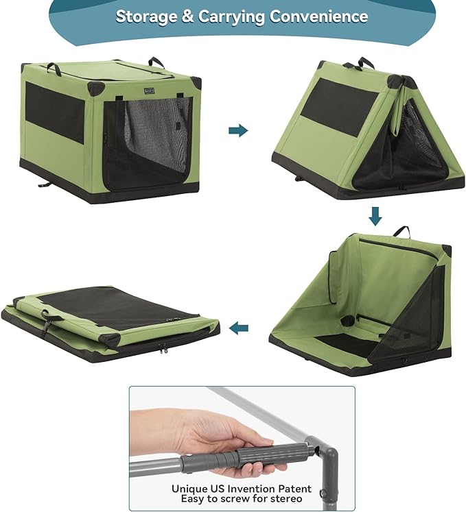 PETSFIT Soft Dog Crate, with Patented Adjustable Fabric Cover, Chewproof & Lockable Mesh Doors, Waterproof Base Collapsible Kennel Green 30 Inch