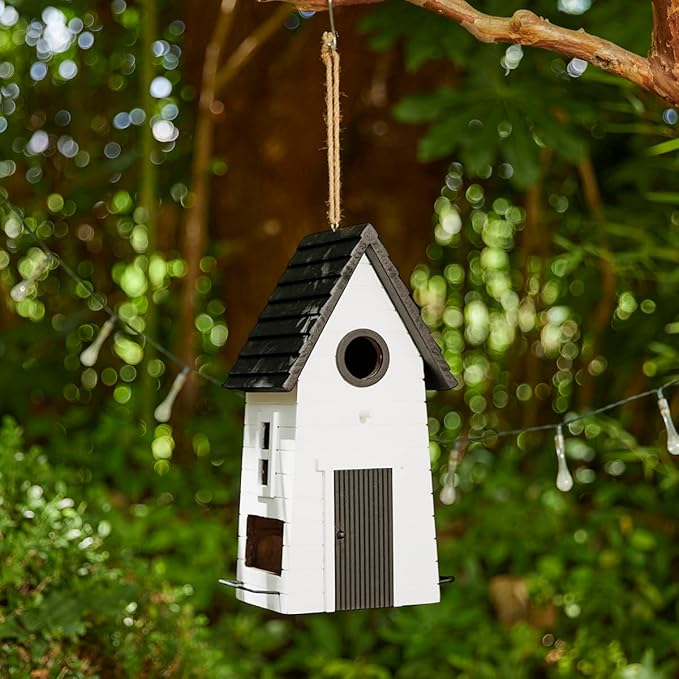 Glitzhome Modern Hand Painted Hanging Bird House for Outside,14.25"H Large Bird Houses for Outdoor,Functional and Decorative Solid Wood Cottage Garden Birdhouse for Bluebird,Chickadee,Wren Finch-White