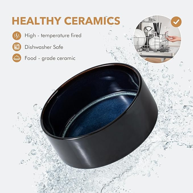 Ceramic 8.2inch Raised Double Dog Bowls Set with Acacia Wood Stand, Food & Water Bowls for Large Breed Dogs, Weighted Pet Dishes(60oz, Starry Sky)