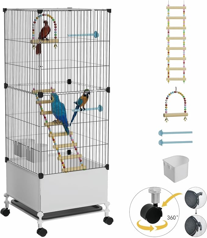 Medium Flight Bird Cage, Black Parakeet Cages with Rolling Stand & Wheels, Wide Birdcage for Parrots Cockatiels Conure Budgie Canary Finch Lovebird