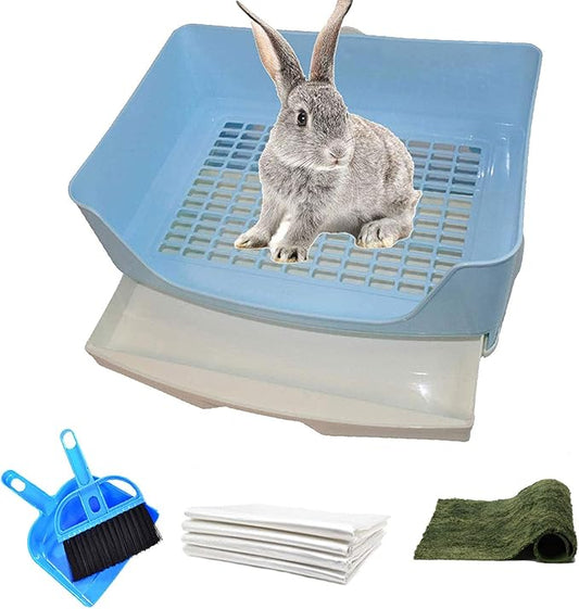 PINVNBY Large Rabbit Litter Box Corner Toilet Box Bigger Pan Pet Potty Trainer with Drawer for Adult Bunny Guinea Pig Chinchilla Ferret Galesaur Hedgehog Small Animals(Blue)