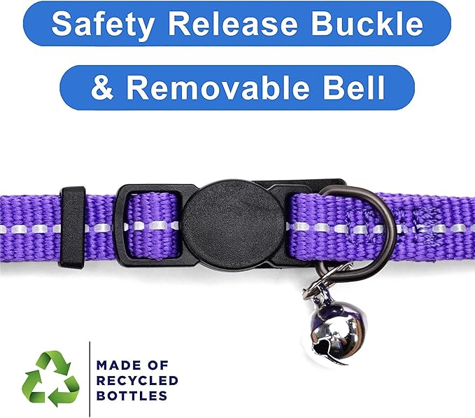 Pawtitas Recycled Cat Collar with Reflective Stitched and Safety Buckle Removable Bell Reflective Cat Breakaway Collar Made from Plastic Bottles - Purple Quartz Cat Collar.