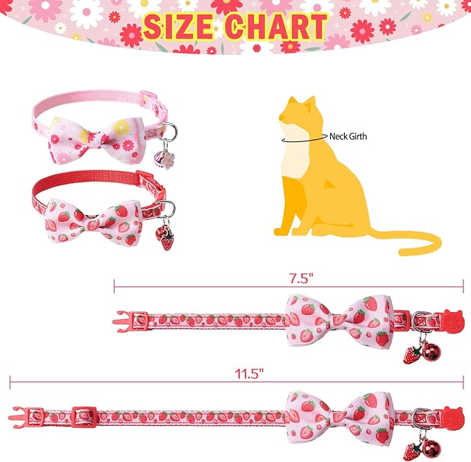 SCENEREAL Breakaway Cat Collar with Bell, 2 Pack Safety Adjustable Cat Collars with Pendant, Pink Personalised Puppy Kitten Collar with Bow for Spring Summer Valentines, Strawberry Flowers