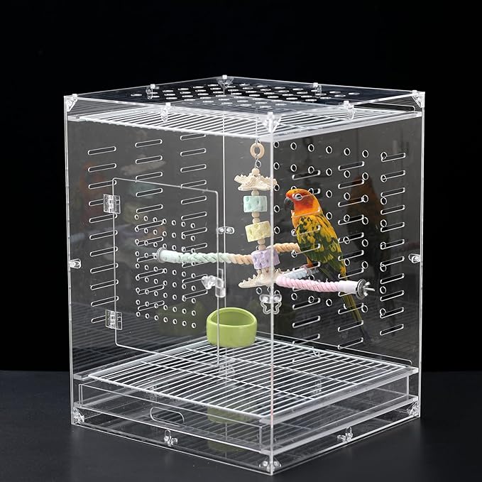 Clear Acrylic Bird Cage for Small Birds, Transparent Display Habitat for Finch, Canary, Parakeet - Easy to Clean & Assemble (14x15x20in)