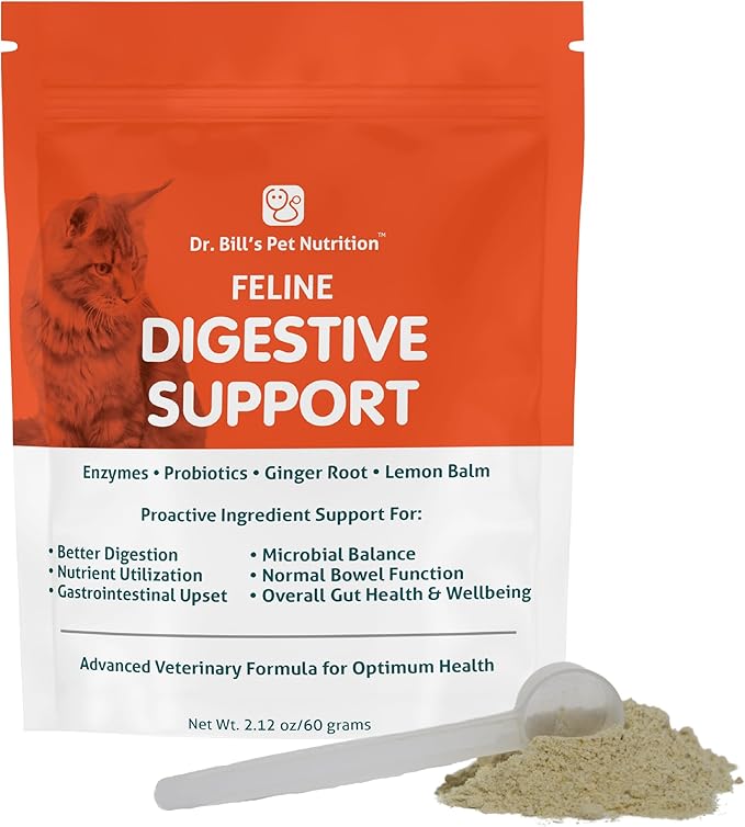 Dr. Bill's Feline Digestive Support Cat Prebiotics and Probiotics with Ginger Root, Psyllium Husk, Lemon Balm & More | 41 Active Ingredients for Better Digestion & Gut Health | Made in The USA