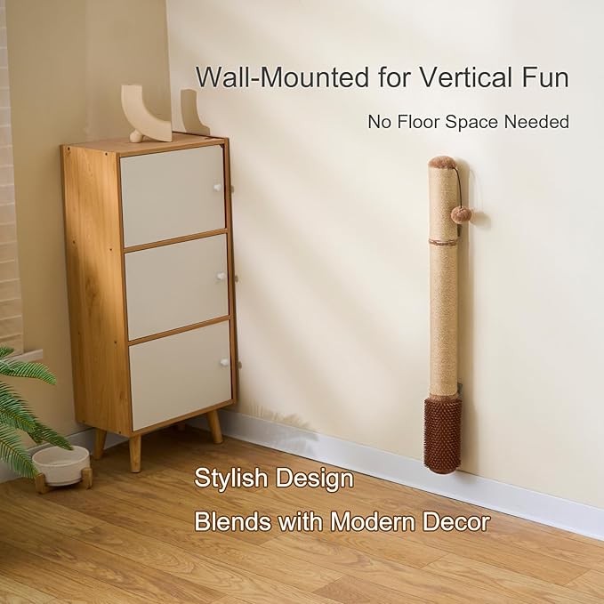 SUNRUI 34" Wall Mounted Cat Scratcher – Extra-Tall Vertical Sisal Scratching Post with Grooming Brush & Hanging Ball, Durable Space-Saving Design, Hardware Included, Brown