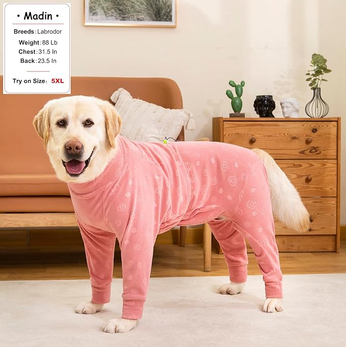 Dog Coats Autumn Winter Jumpsuit for Large Medium Dogs, Warmer Recovery Suit Polar Fleece Dog Bodysuit Lightweight Pajamas Pullover Stretchy Onesie Four-Legged Cold Weather Clothes(2XL, Pink)