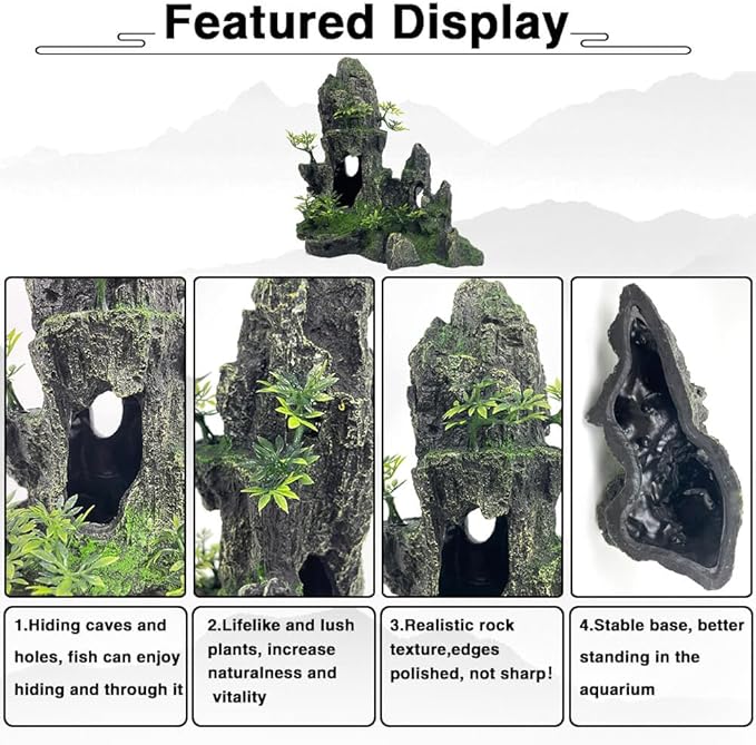 Aquarium Decorations Large and Tall Large Aquarium Decorations for Fish Tank Decorations Fish Tank Ornaments Mountain View Stone Ornament Tree Rock Cave Artificial Fish Tank Ornament, Black