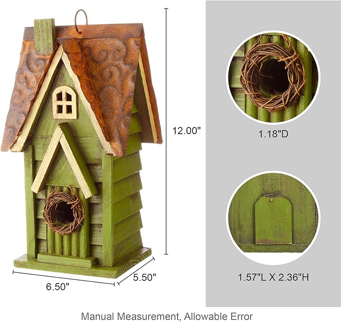 Glitzhome Bird Houses for Outdoors, Hand Painted Distressed Wooden Bird House Hanging Garden Birdhouse for Outside, Decorative Birdhouses for Bluebird Hummingbird Wren Finch Cardinals Cedar 12" H