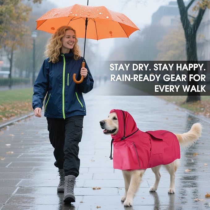 Dog Raincoat for Medium Dogs, Waterproof Adjustable Dog Rain Jacket with Hood, Leash Hole, Lightweight Reflective Poncho for Rain, Snow, Windy Weather & Outdoor Walks, Camping, Hiking - Pink M