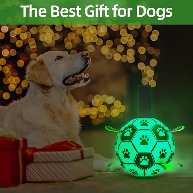 QDAN Glow in The Dark Dog Toys Soccer Ball with Straps, Outdoor Interactive Dog Toys Puppy Birthday Gifts, Dog Tug Water Toy, Light Up Dog Balls for Small & Medium Dogs๏ผ6 Inch Size 2๏ผ