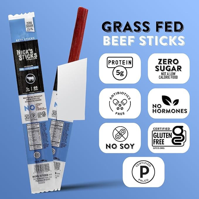 Nick's Sticks Clean & Balanced 100% Grass-Fed Beef Snack Sticks | Made in the USA | Gluten Free | Paleo, Keto, Whole30 Approved | No Soy, Antibiotics or Hormones (12 – .9 oz. Packages of 1 Stick)