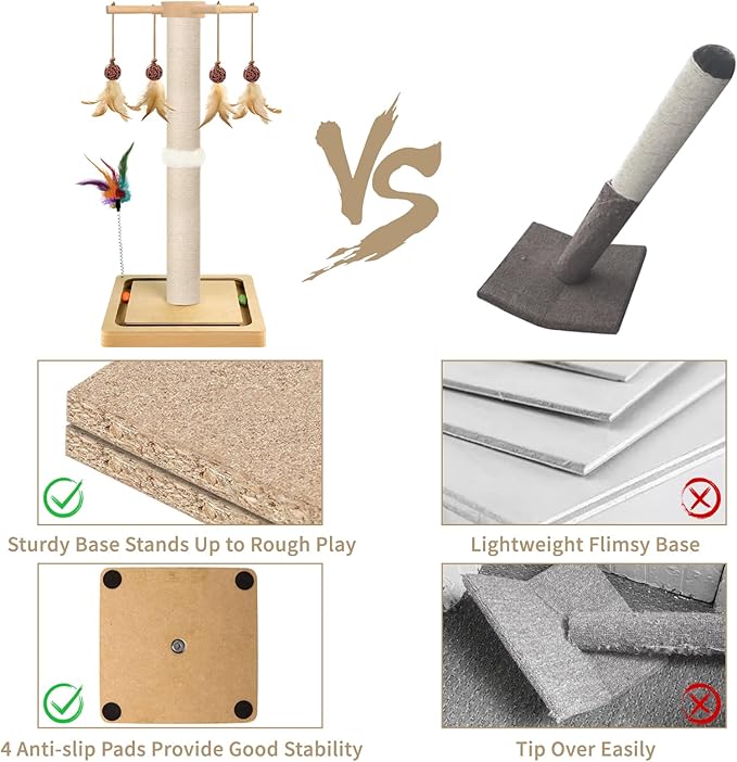 Tall Cat Scratching Post, Sisal, 33 Inches, Large Scratcher Tree Tower for Indoor Cats Adults with Hanging and Ball Track, 2 Mounting Methods Interactive Furniture Toys for All Ages