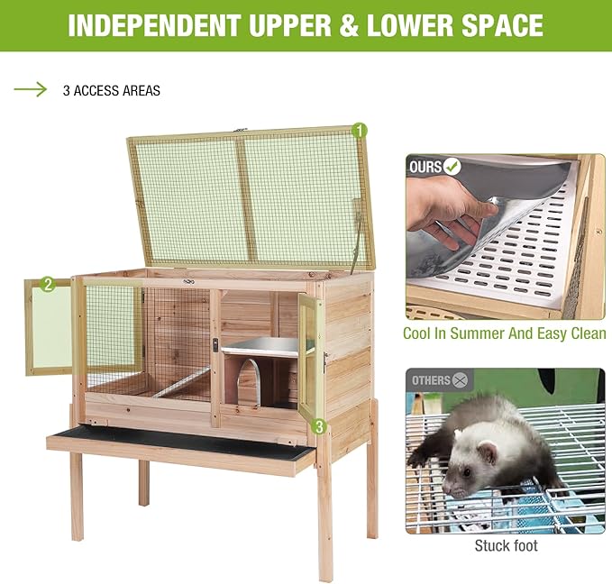 Wooden Guinea Pig Cages Indoor,Two-Story Wooden Rabbit Cage Hutch with Removable Stand and Pull Out Tray, Small Animals Cage Habitat with Ramp and Plastic Mesh(Natural Wood Color)