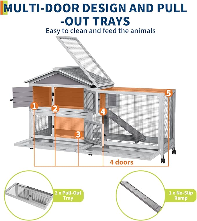 Rabbit Hutch with Ramp & Waterproof Roof, Bunny Cage for Indoor/Outdoor, 2-Story Design, Rabbit Cage with 6 Lockable Caster Wheels & Three Pull-Out Trays (Grey)