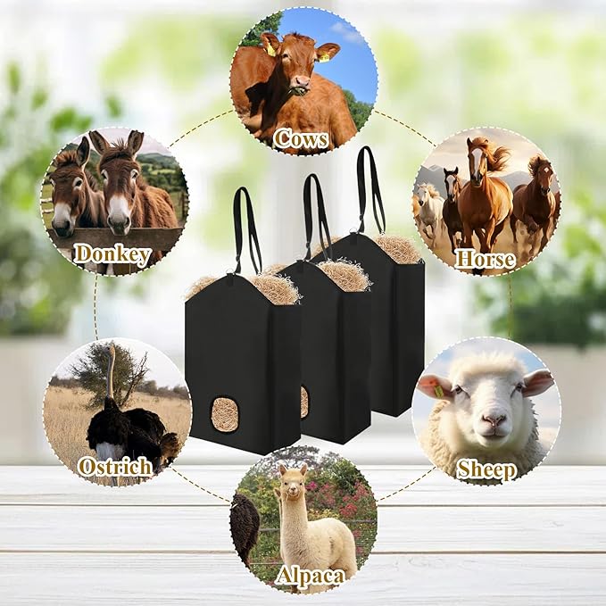 3 Pack Hay Bag for Horse - 18.11 x 7.08 x 13.78 Inch Open Feed Hole Hay Feeder for Slow Feeding - Premium 600D Oxford Cloth with Metal Ring and Adjustable Strap for Goat, Donkeys, Sheep