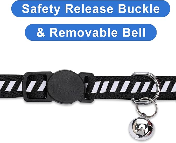 Pawtitas Personalized Cat Collar with Safety Buckle and Removable Bell Cat Collar with Name Phone Number Kitten Adjustable Collar Customized Cat Collar | Black Reflective Collar for Cats