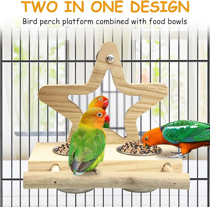 Tfwadmx Parrot Wooden Feeding Cups with Wooden Platform Stainless Steel Birds Bowls Food Water Bowls with Bird Food Holder for Cockatiel Conure Budgie Parakeet Macaw Lovebird