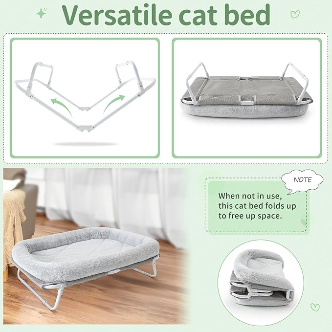 Sunhoo Elevated Cat Bed Foldable Raised Pet Hammock Self-Supporting Puppy Lounger with Off Floor Metal Frame Washable Cover for Small Dog Kitten Indoor Use 25.2x15.75x7.48 in(Grey)