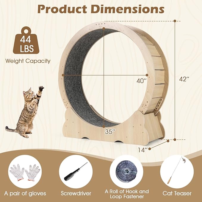 Tangkula Cat Wheel for Indoor Cats, 40 Inch Large Cat Exercise Wheel with Lockable Mechanism, Carpeted Runaway, Wooden Ultra Low Noise Running Treadmill with a Teaser Toy for Kitty Fitness