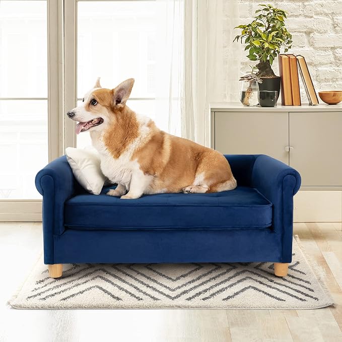 dCee Medium Dog Sofa, Holds Up to 70 Lbs, 33 in. Soft Velvety Dog Couches, Pet Sofa for Comfort Sleep and Joint Support, Navy