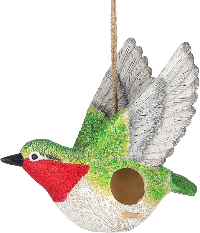 BAYN Bird House for Outside, Hanging Handcrafted Hummingbird Resin Outdoor birdhouses Humming Bird, Bluebird, Wren, Camper Hanging Houses nest cage