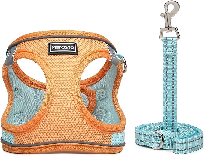 Mercano Soft Mesh Dog Harness and Leash Set, No-Chock Step-in Reflective Breathable Lightweight Easy Walk Vest Harnesses with Safety Buckle for Small Dogs, Cats (M, Orange Blue)