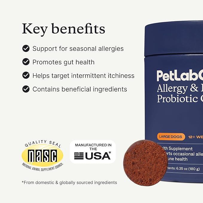 PetLab Co. Allergy & Immune Daily Probiotics for Dogs. Supports Yeast Production, Seasonal Allergies, Intermittent Itchiness, Gut & Digestive Health for Large Dogs - 30 Chews - Packaging May Vary