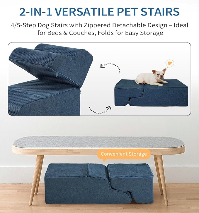 Made4Pets Dog Stairs Ramp for Small Dogs, 3-Step Dog Steps for Bed Couch Sofa and Chair, 35D Foam Pet Steps for Small Dogs and Cats, Non-Slip Bottom Pet Stairs, Navy
