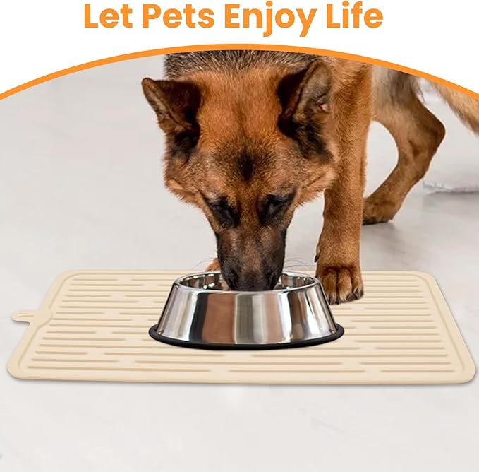 Ptlom Pet Placemat for Dog and Cat, Anti-Slip Waterproof Dogs Feeding Mat Prevent Food and Water Overflow, Bowl Mats Suitable for Medium and Small Pets, Beige, Silicone