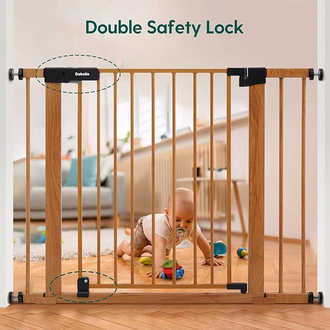 BABELIO 29-40" Metal Baby Gate with Wood Pattern, Auto Close Dog/Pet Door for The House、Stairs and Doorways, Pressure Mounted Barrierr, NO Tools Needed
