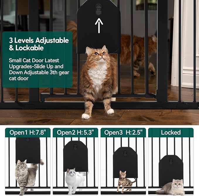 Babelio Auto Close Baby Gate with Cat Door,29-43" Metal Gate for Doorway,Stairs, House,Easy Walk Thru with Pet Door,Includes 4 Wall Cups and 3 Extension Pieces,Black