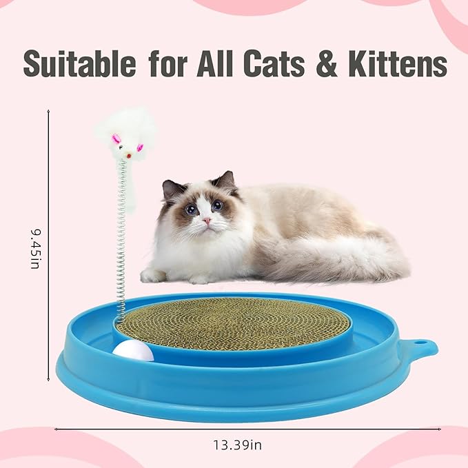 Cat Round Scratcher, 3 in 1 Interactive Kitten Toys, Scratching Pad with Ball Track and Squeaky Mouse, for Bored Indoor Adult Cats Kitty Scratching Puzzle-Blue