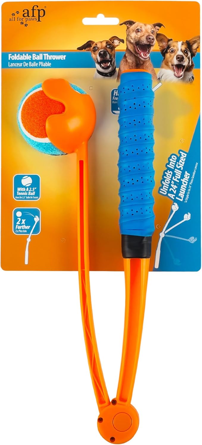 ALL FOR PAWS 25“Dog Ball Launcher, Foldable Tennis Ball Thrower with Soft and Comfortable Tennis Racket-Like Handle Grip, 2.5 inch Ball Included