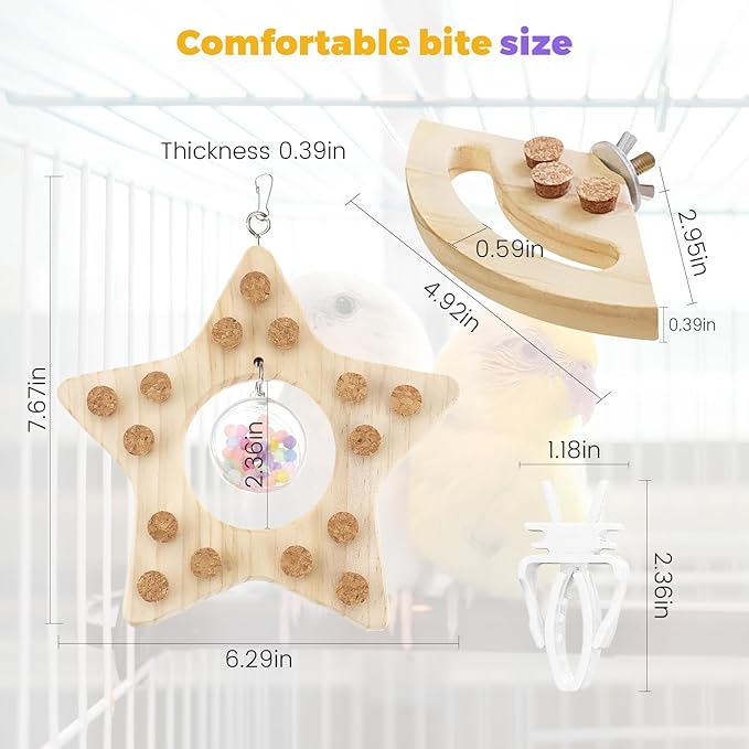 2 Pcs Bird Chew Toy Wooden Foraging Toys, Hanging Wooden Puzzle Foraging,Parrot Cork Stopper Toys Birds Feeding Toy,2 Pcs Bird Cage Food Holder Fruit, for Small and Medium Parrots(A)