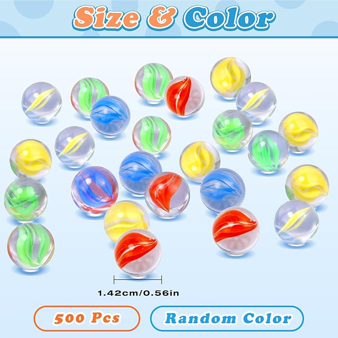 500 Pcs Glass Marbles, 0.56 Inch Color Mixing Glass Marble Bulk, Colorful Round Marbles Toy for Marble Games, Chinese Checkers Game, DIY Home Decoration, Crafting Party Favors, 5 Colors